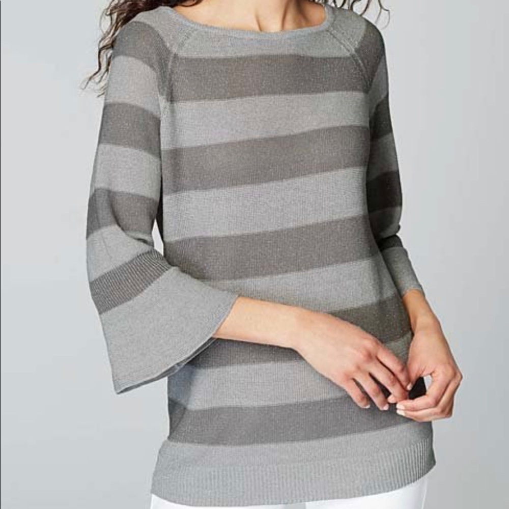 NEW J.Jill Gray Metallic Linen-blend Knit Bell Sleeves Top US XS